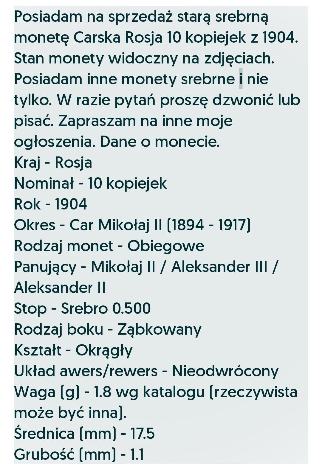 Moneta kolekcjonerska 10 kopiejek z 1904 r