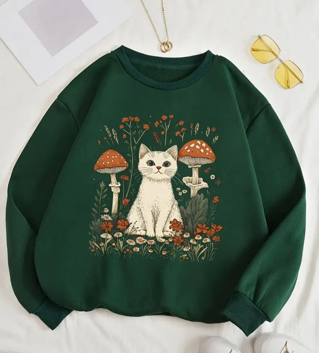 Світшот жіночий овепсайз з котиком і грибочками, XL