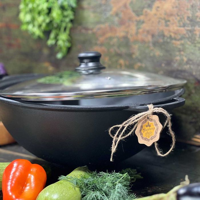 Казан 8л чавунний , Ø34см узбецький WOK, кришка скло (Т405С3)