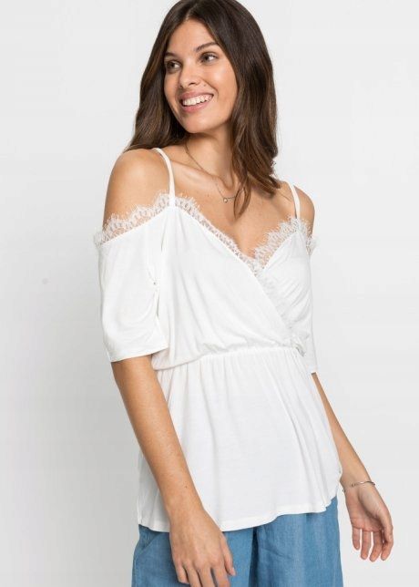 B.P.C bluzka śmietankowa odkryte ramiona z koronką r.32/34