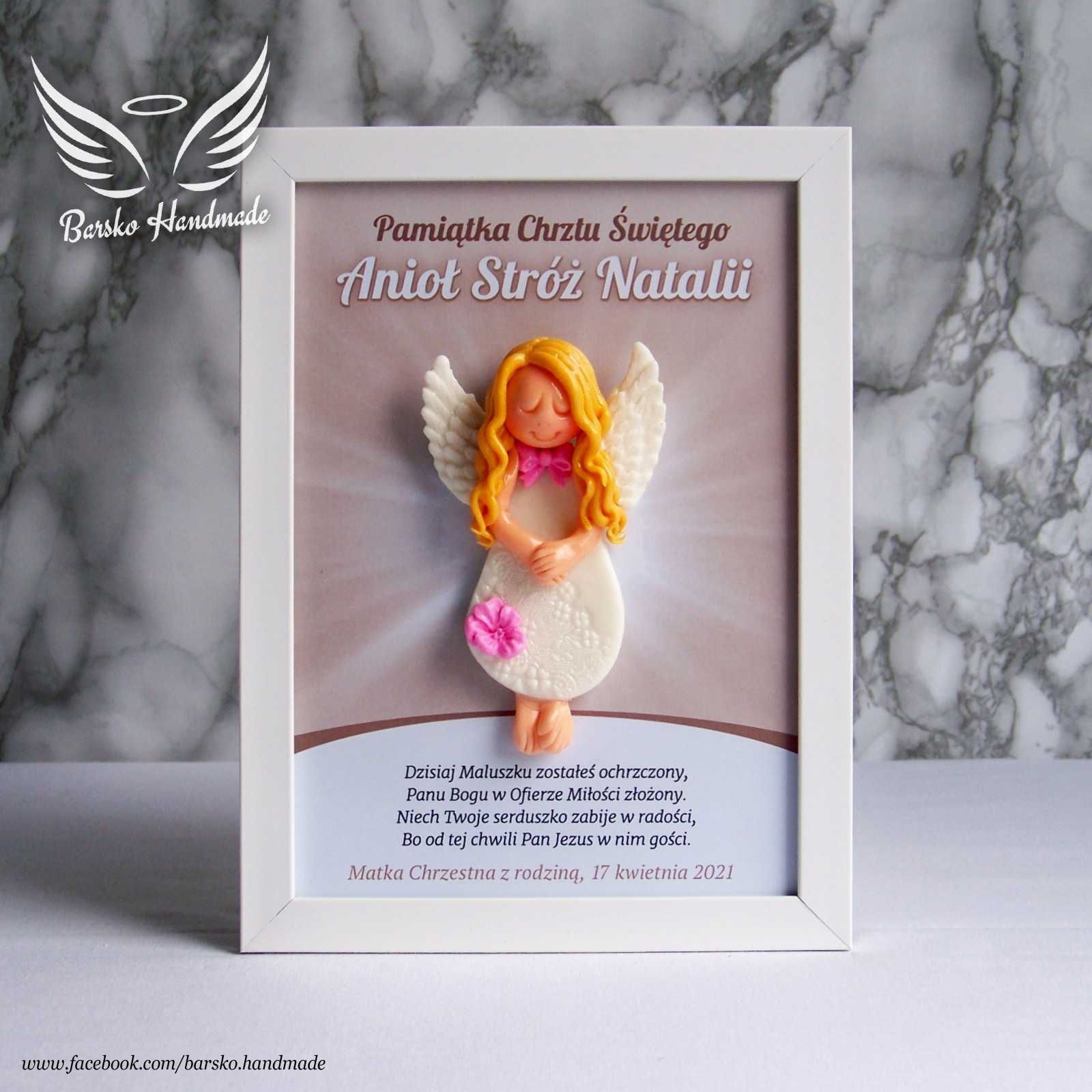 Anioł Stróż z porcelany w ramce 15x21 jako Pamiątka Chrztu Świętego