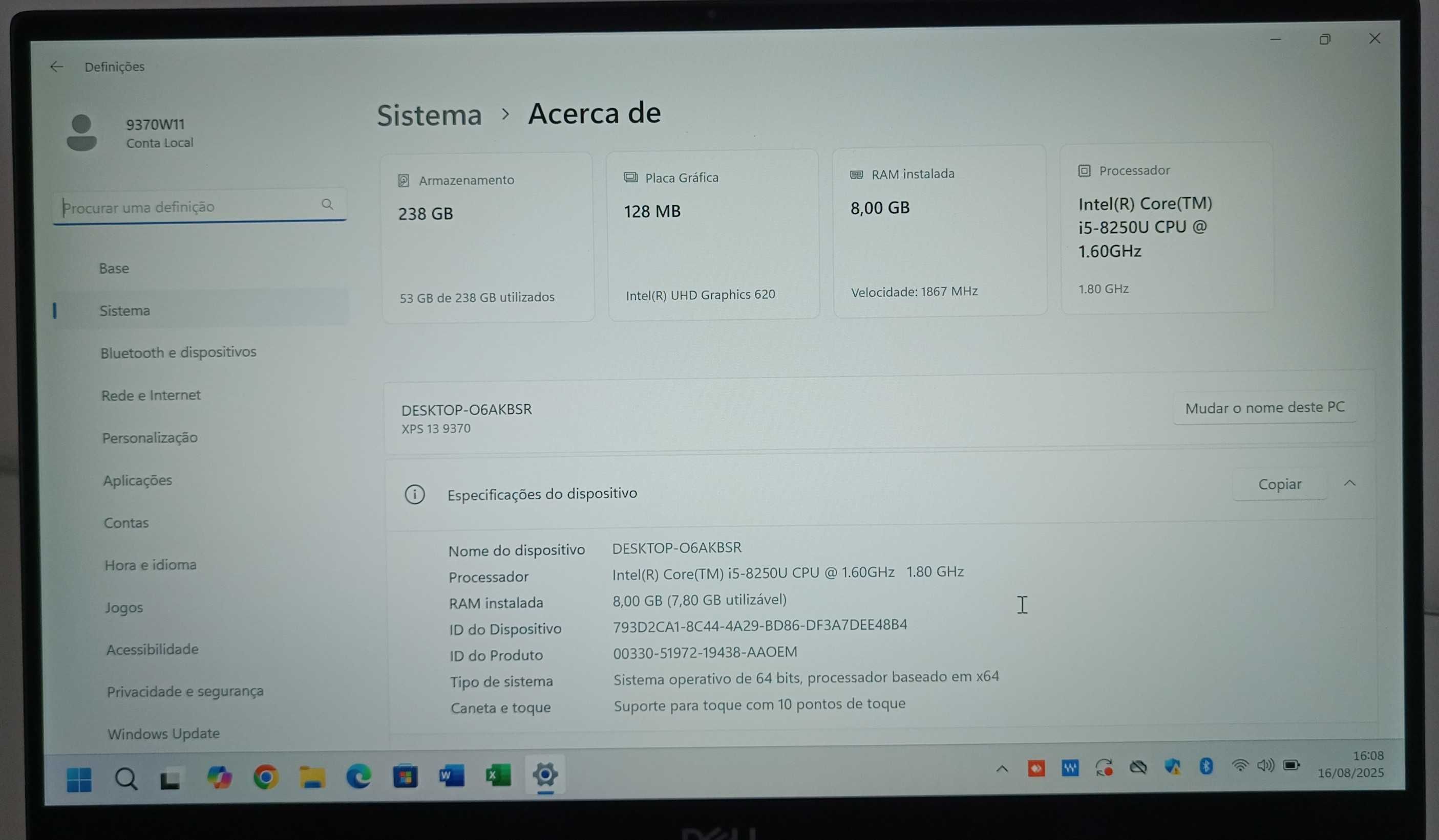 Dell XPS 13 9380 - Ecrã 13.3' Touchscreen 4K/Core i5/SSD NVME/8GB RAM