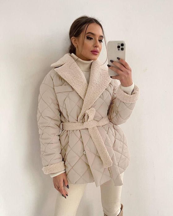 Пальто стьобане, зимове М-L нове. Кремове