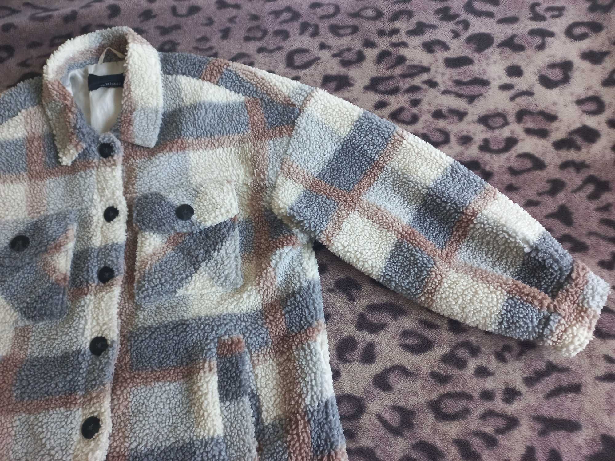 SINSAY shaket kurtka baranek miś szary beżowy kratka oversize 42 XL
