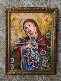Ікона Матір Божа Семистрильна, вишина бісером, ручна робота