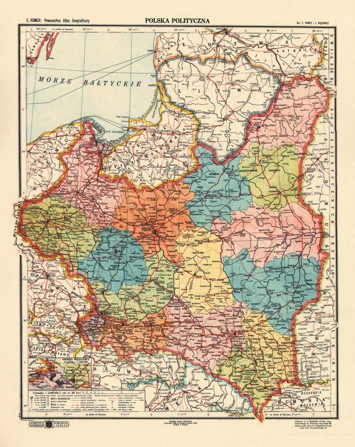 Polska II Rzeczpospolita Litwa Prusy Wsch. mapa 1939 r. 45x32 cm kopia