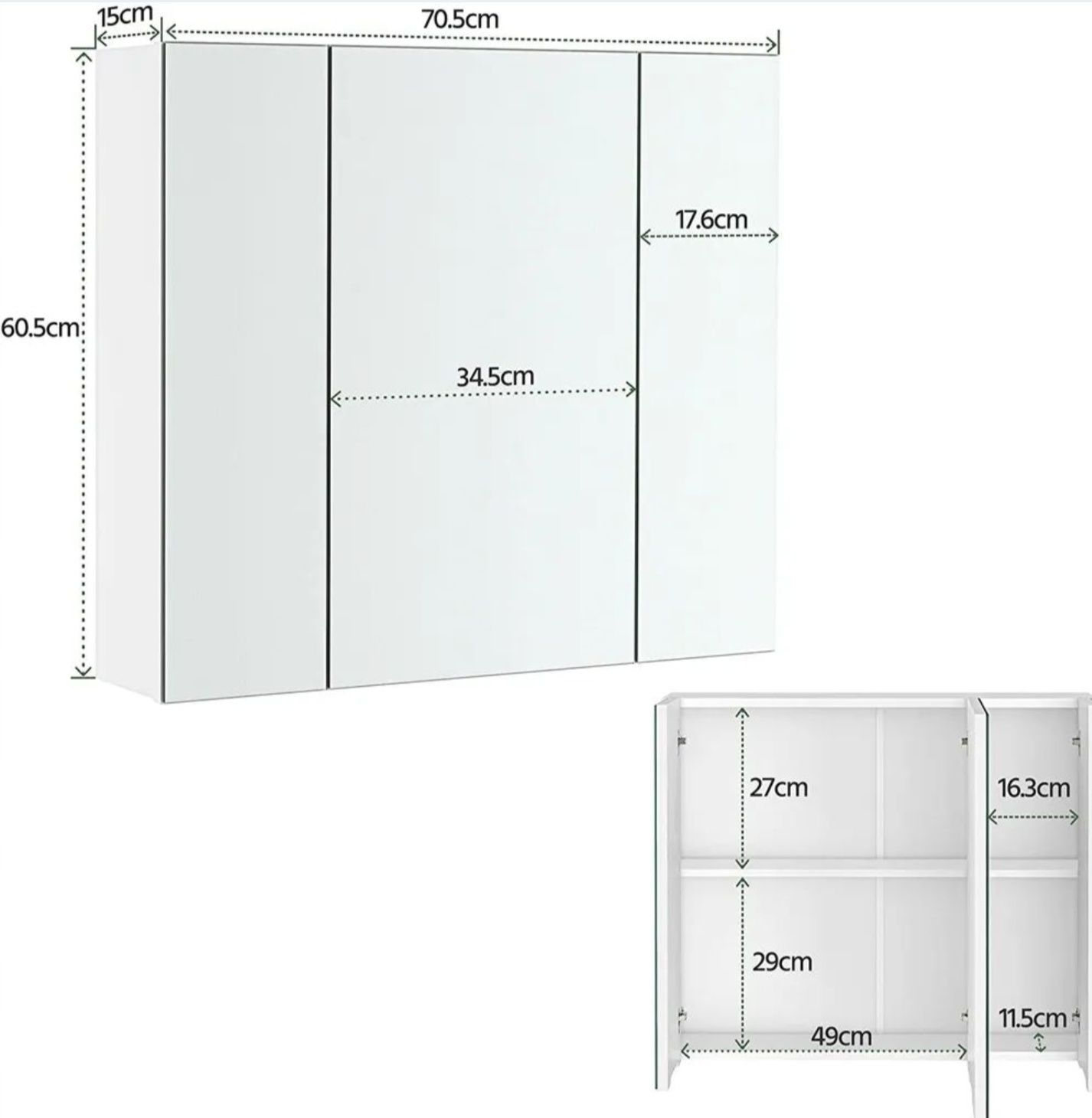 SZAFKA ŁAZIENKOWA Wisząca Lustrzane Drzwi 71 × 15 × 61 cm BIAŁA