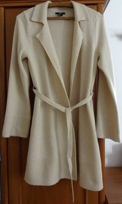 Kardigan Jasny Beżowy Długi, Ciepły, Kołnierz, Prosty Wzór, Praktyczny