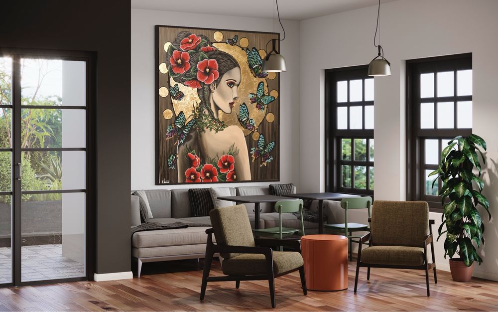 Obraz 110x120 kobieta motyle kwiaty zloto