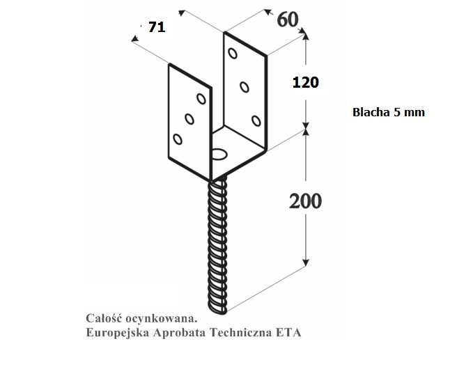 Podstawa słupa do wmurowania kotwa U 70mm gr 5mm