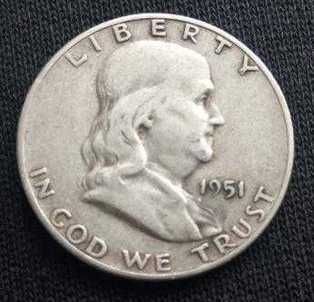 Срібна монета 50 Центів 1951 р США ½ долара, Ben Franklin Half Dollar.
