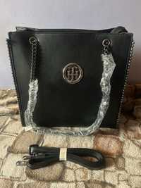 Duża czarna torebka, sukienka, stopki i portfel
