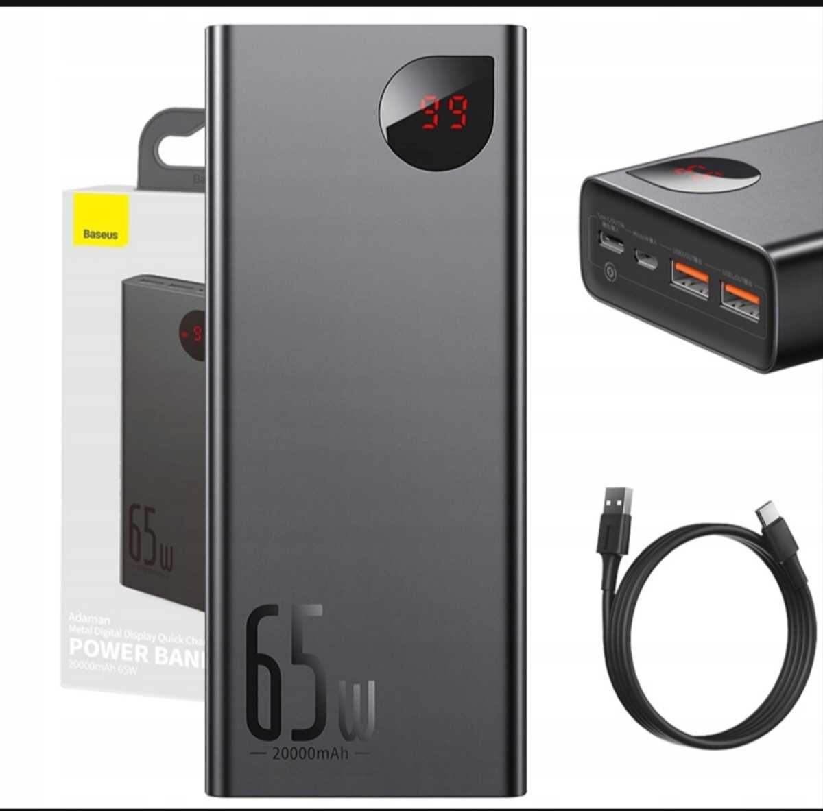 Powerbank Baseus 20000MAH 2X USB 1X USB-C PD QC 3.0 65W metalowy.