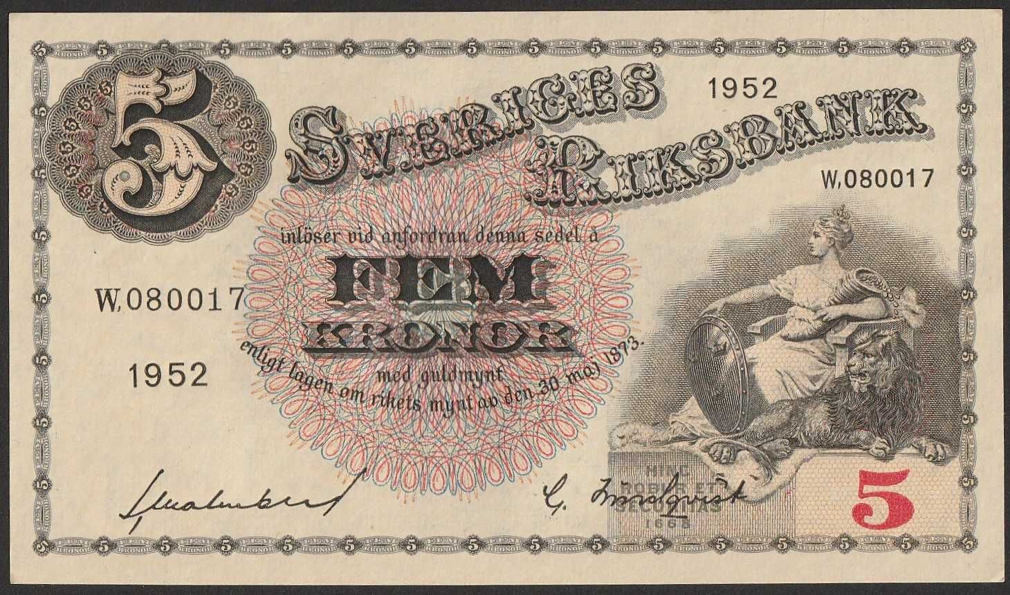 Szwecja 5 koron 1952 - W,0