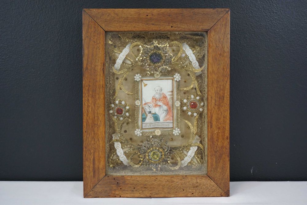 Zabytkowy relikwiarz relikwia rama Św. Hieronim Celestyn Bonifacy