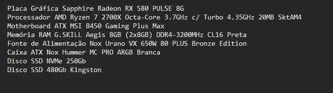 PC Gaming Ryzen 7 | 16GB RAM | RX 580 8GB | SSD | Pronto a usar