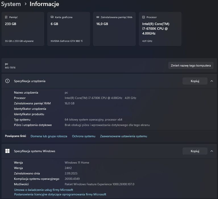 Komputer gamingowy – i7-6700K / MSI GeForce GTX 980 Ti / 16GB DDR4