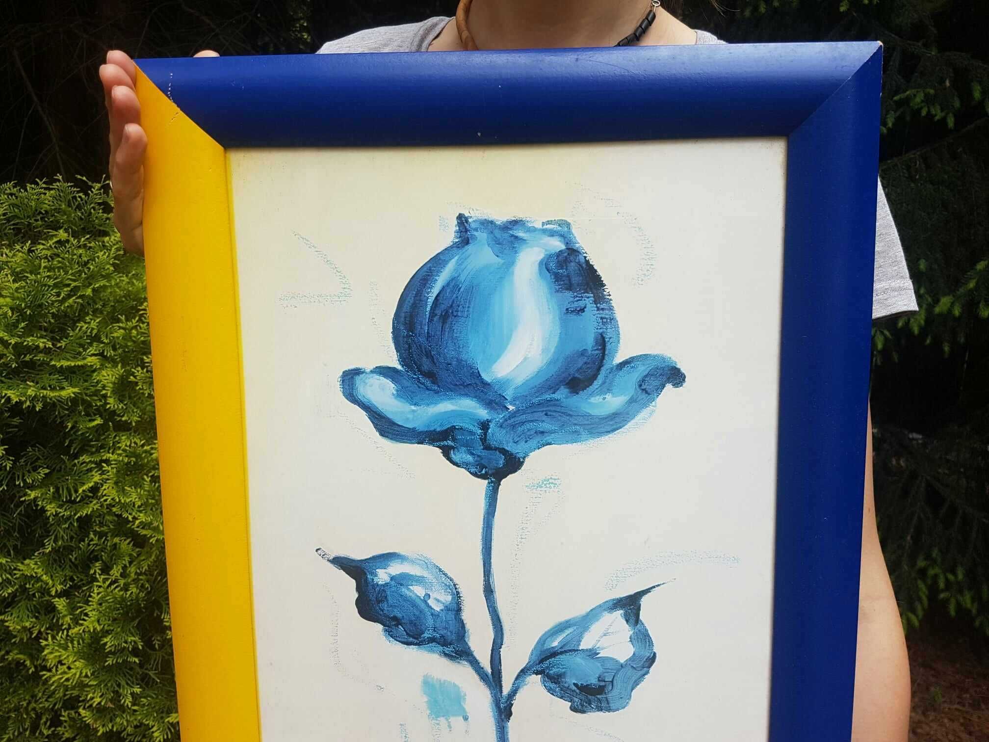 Obraz reprodukcja nowoczesna RÓŻA żółto niebieska za szybą 38X78 cm