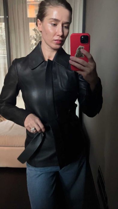 Шкіряна куртка Massimo Dutti жіноча чорна натуральна з поясом XS