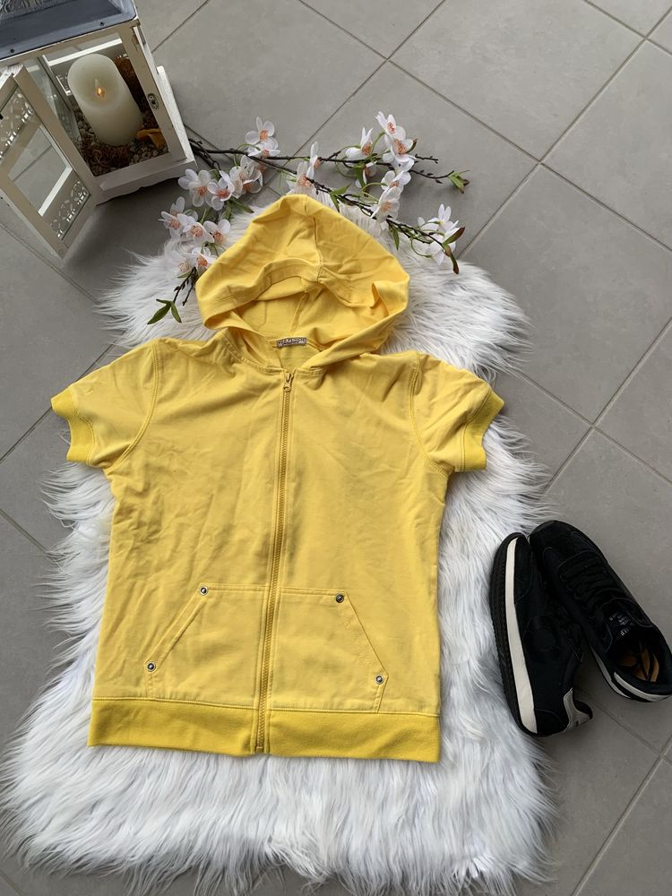 Bluza na krótki rękaw z kapturem vintage retro bluzka zapinana (M)