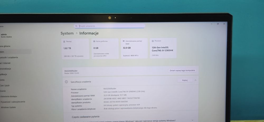 MSI Raider GE66 12UGS, i9-12900HK, RTX 3070 Ti 8GB, dysk 2TB, 32GB Ram