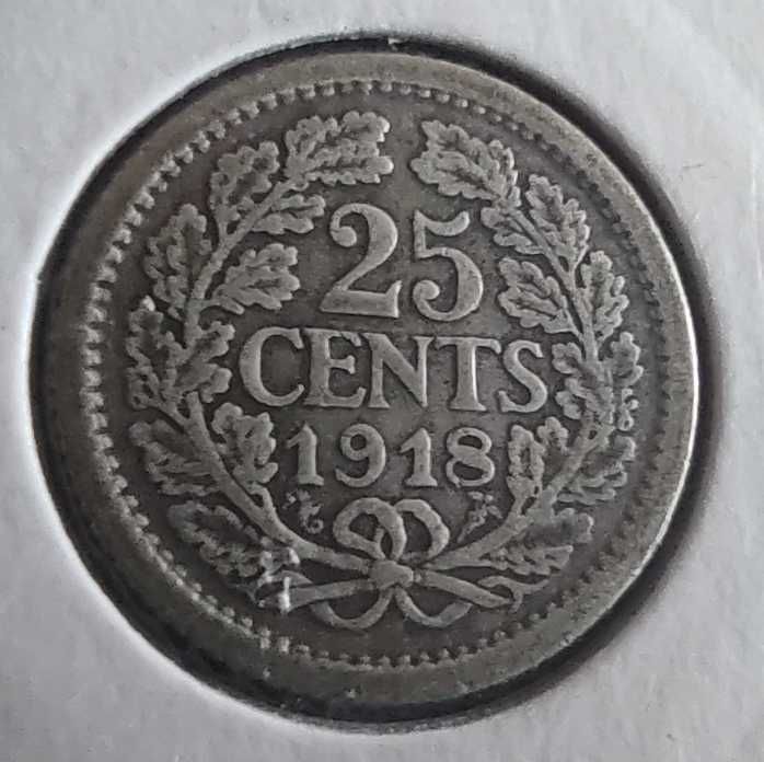 Moneta srebrna Holandia 25 centów cents 1918 rok ładna srebro ag