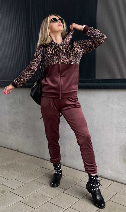 Dresy damskie welurowe w panterkę spodnie + bluza brązowe r.M wys.24h