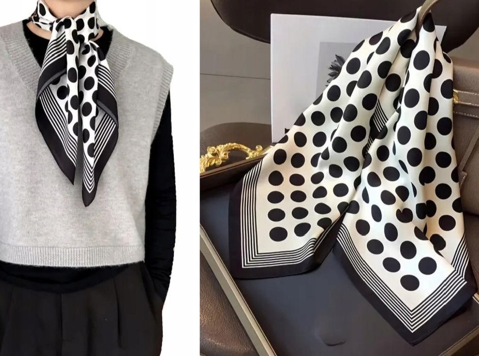 Nowa apaszka chusta 70 x 70 grochy biało-czarna jedwab sztuczny