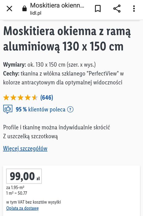 SUPER OFERTA!!  Moskitiera z ramą aluminiową biała 130x150cm