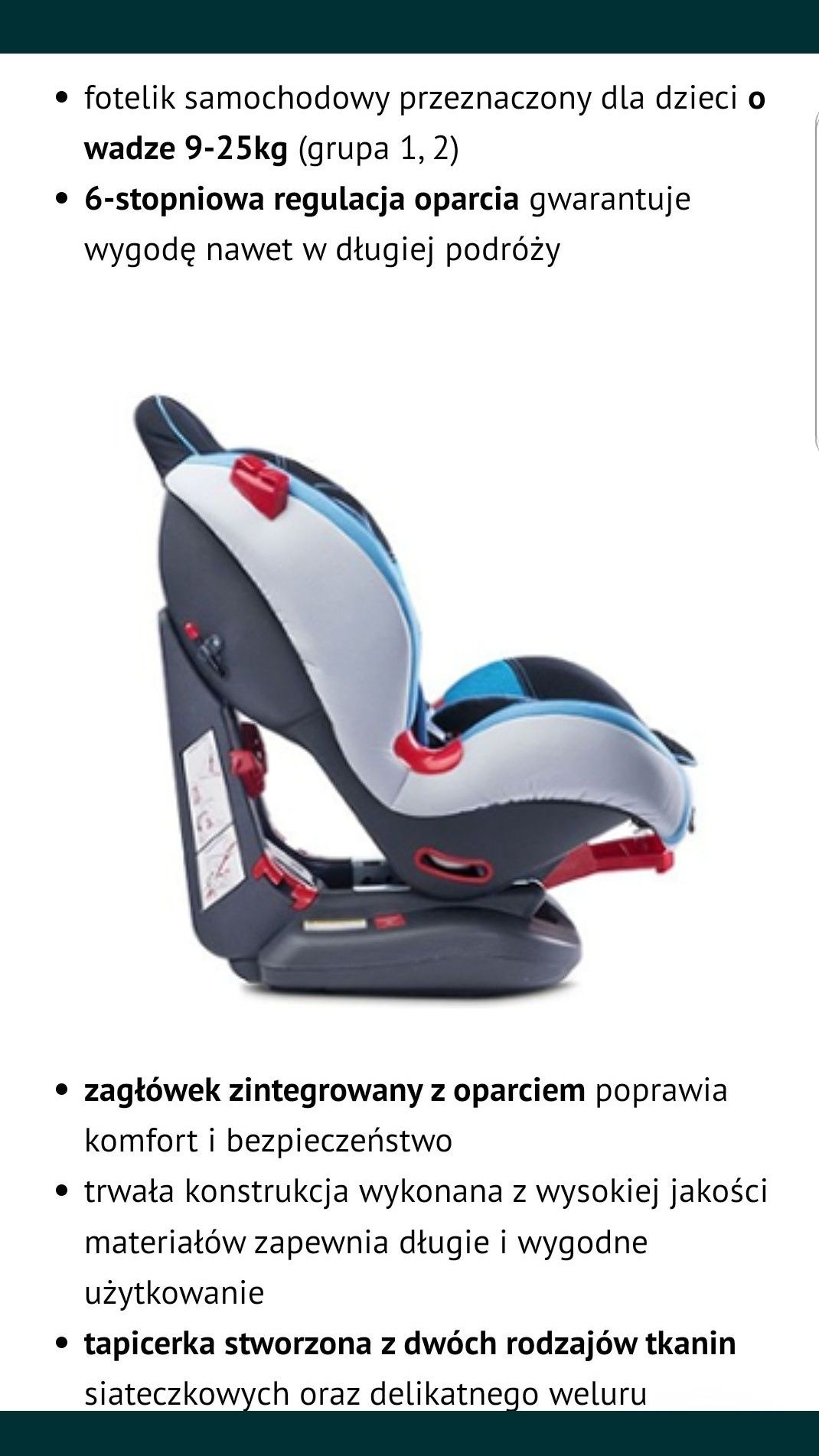 Fotelik samochodowy caretero Sport 9-25kg rozkładany Booster krzesełko