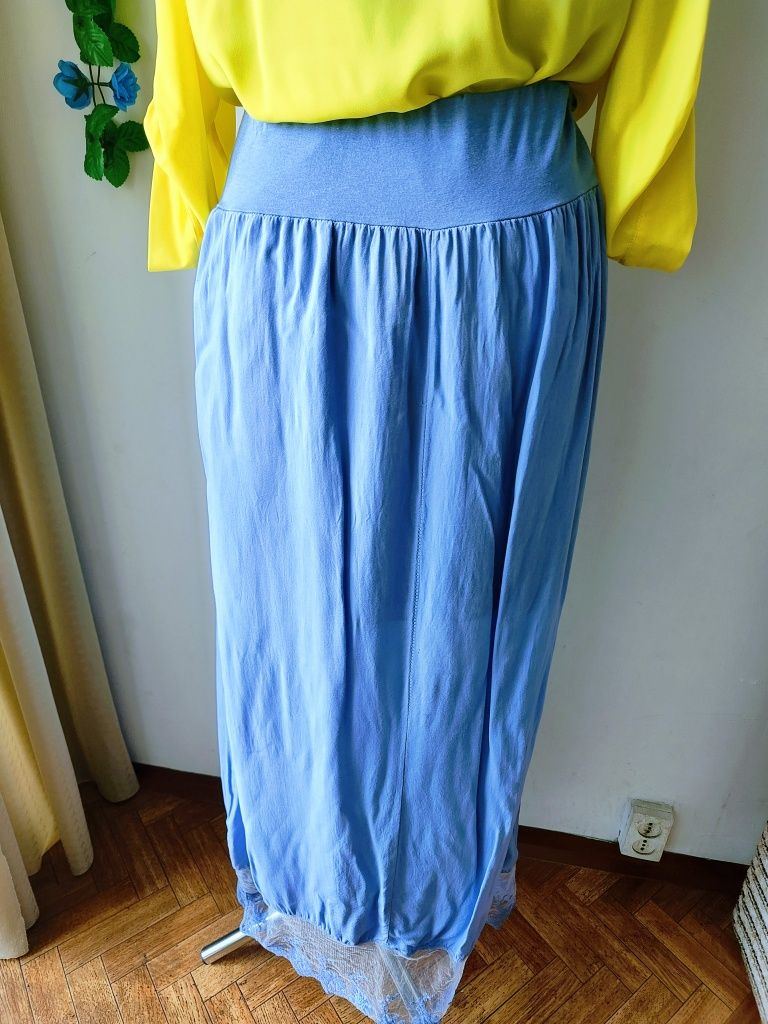 Boho maxi spódnica błękitna z koronką 100% wiskoza one size