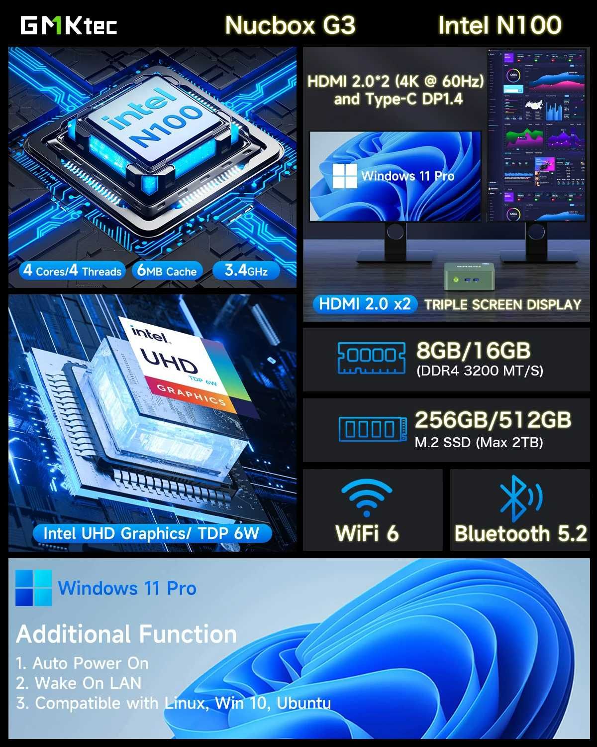 міні ПК GMKtec G3 8+256Gb Intel Alder Lake N100 Windows 11