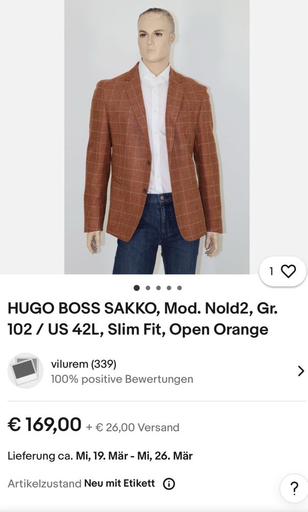 піджак Boss Slim Fit, Open Orange