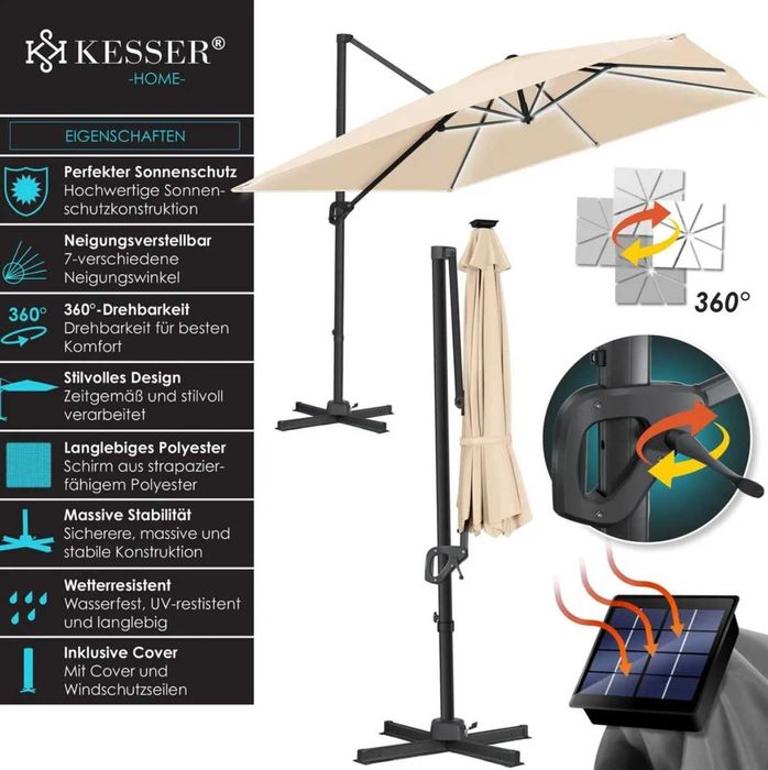 Parasol ogrodowy z oświetleniem LED 300x300x235cm UV obrotowy beżowy