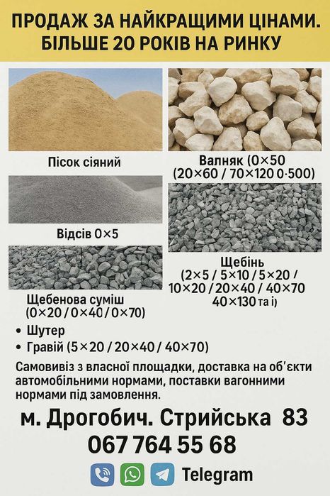 Щебінь, відсів, вапняк, пісок Дрогобич, Дрогобицький район