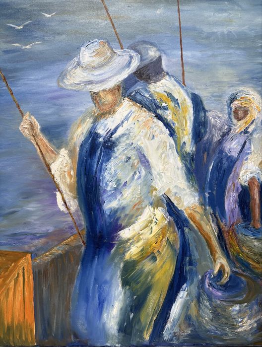 pintura contemporanea em óleo sobre tela “pescadores”
