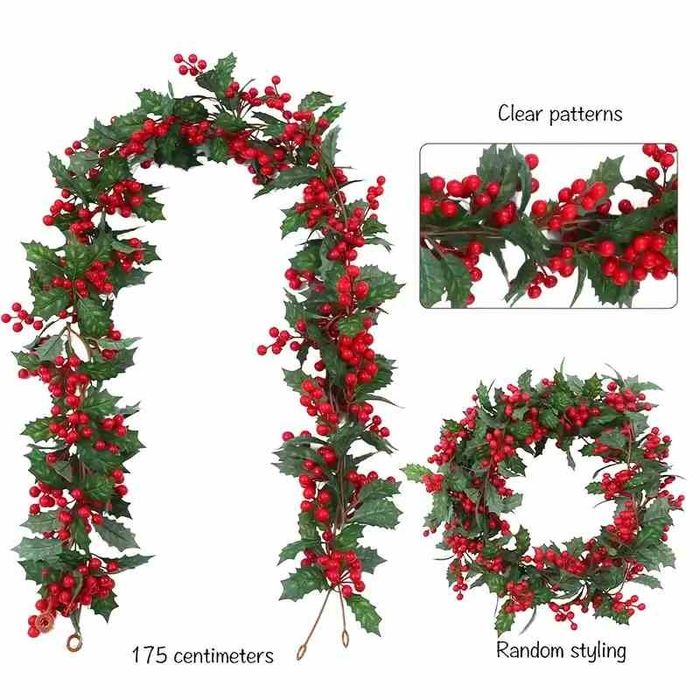 Різдвяна гірлянда 175см із зеленим листям ягодами для приміщень вулиці