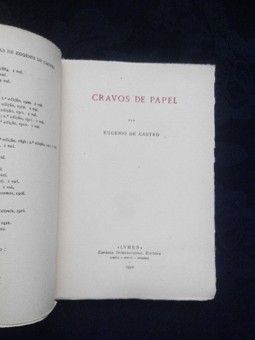 Livro raro - Eugénio de Castro - Cravos de Papel