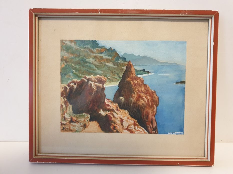 Antiga aguarela com paisagem marítima - 1938 L. Blesbois