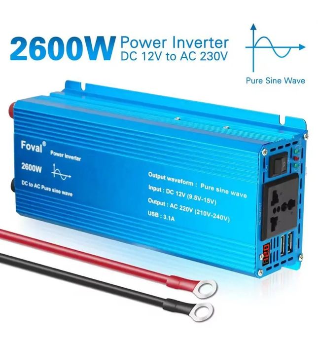 Инвертор Foval 2600W 12-220V чистый синус, преобразователь 12В 220В