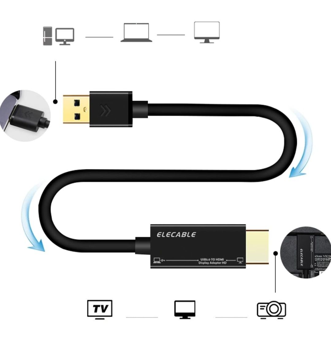 Kabel adaptera USB na HDMI z audio dla Mac OS Windows 10/8/7/Vista/XP