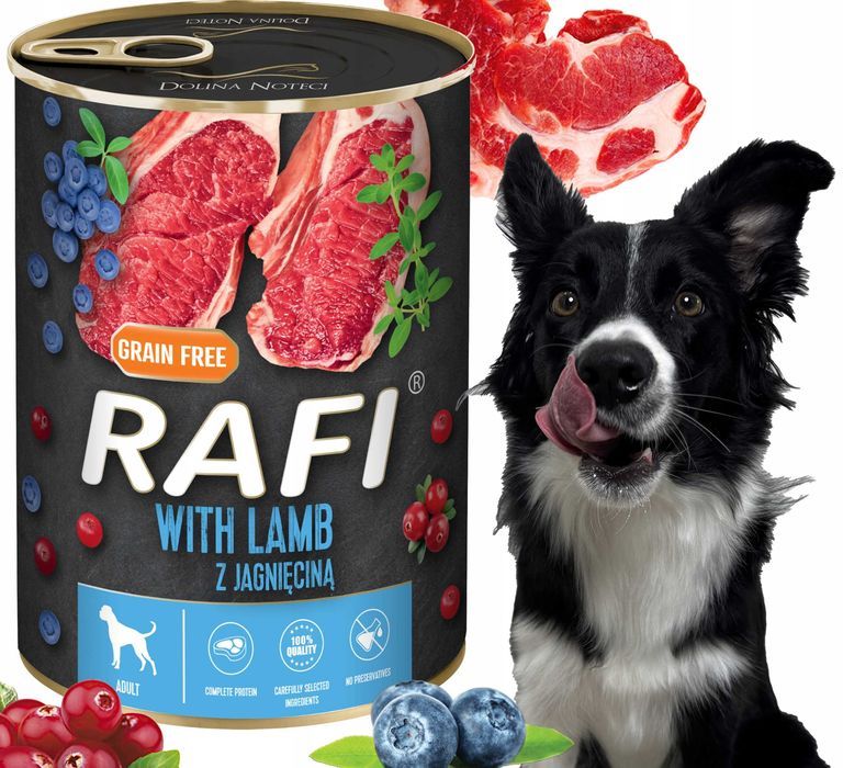 Karma Mokra Dla Psów RAFI z Jagnięciną, Borówką i Żurawiną 400g-48 szt