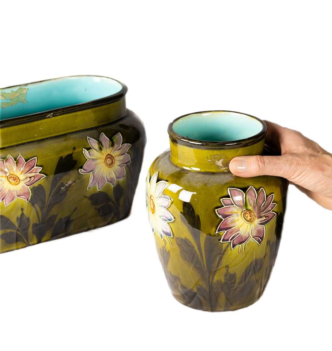 Vasos barbotina verde Boulenger Creil França | século XX