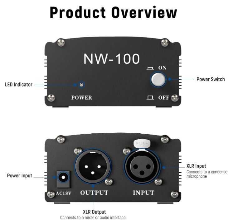 NEEWER NW-100 1-kanałowy zasilacz Phantom 48 V  3-pinowy XLR