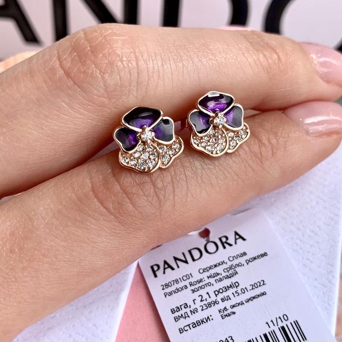 Сережки Pandora Пандора "Фіалка" Серьги оригінал/ позолота гвоздики