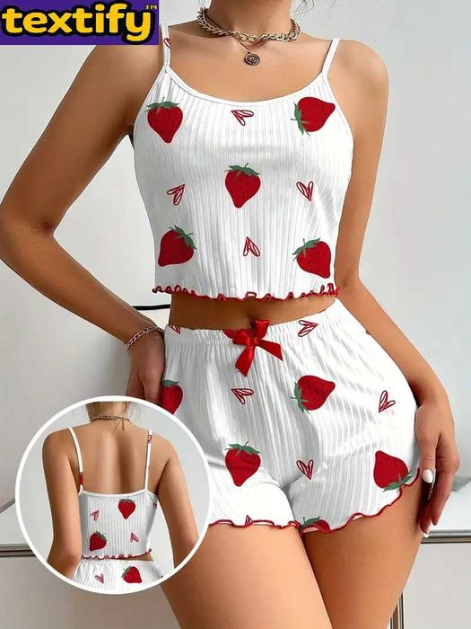 Komplet piżamowy dla kobiet z nadrukiem truskawek i koronką