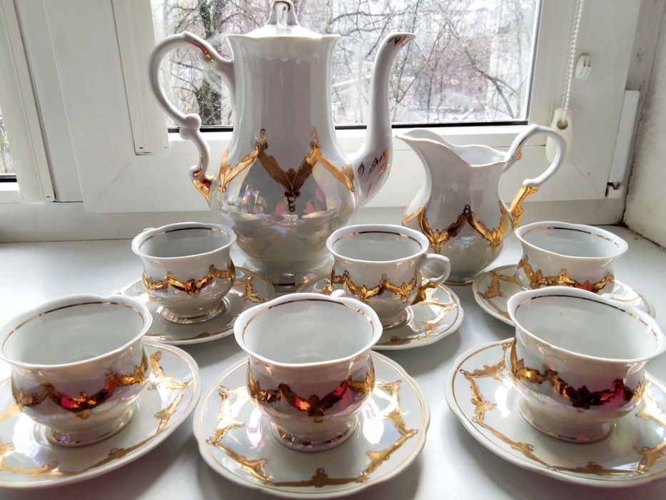 Чайний порцеляновий сервіз Баранівка, перламутр позолота розпис