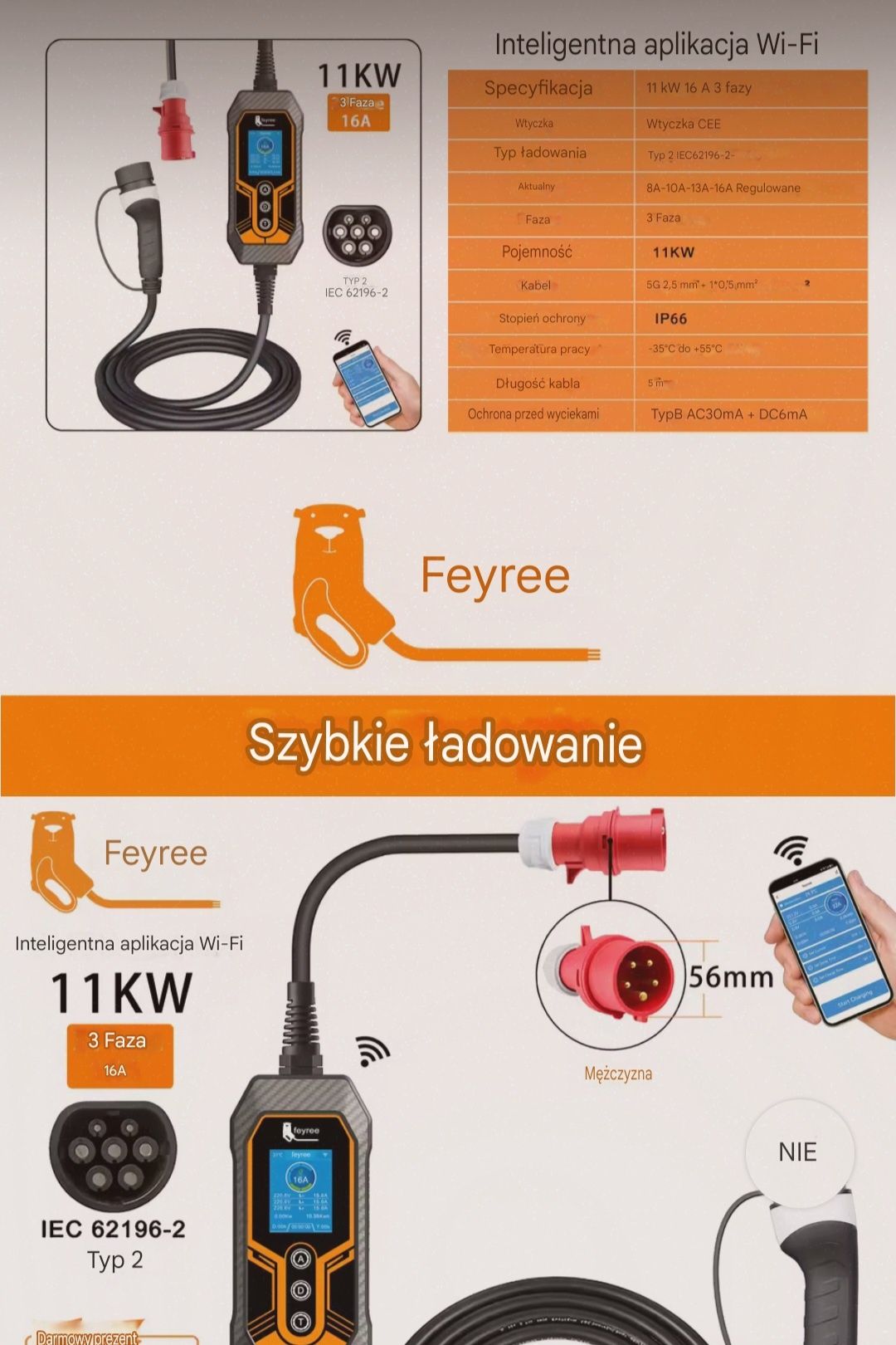 Ładowarka feyree typ 2 16a 3 fazowa wifi
