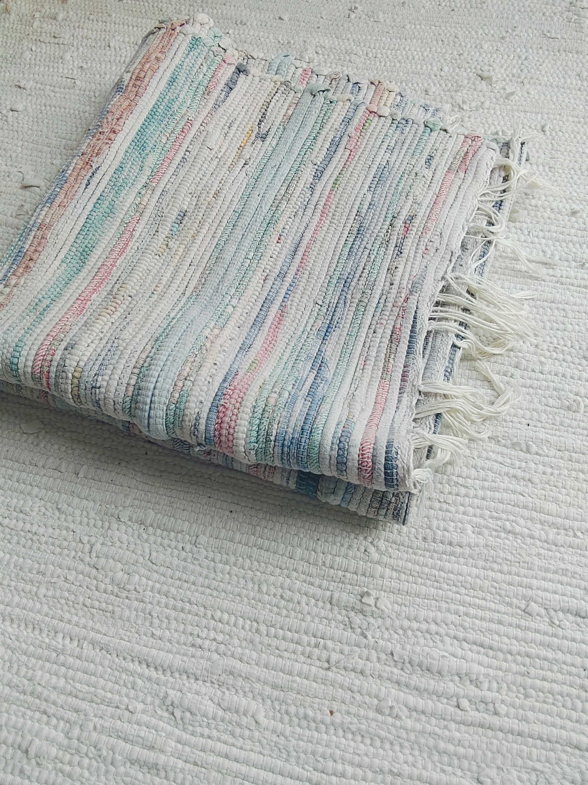 Dywan pleciony, tkany w paski, boho, melanż, 140 x 65, sznurkowy