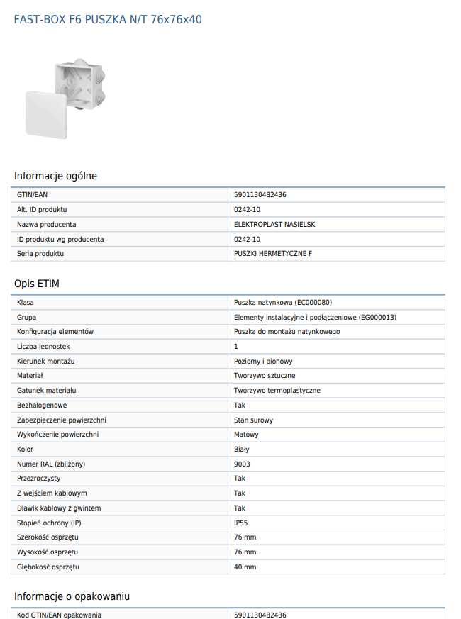 Puszka n/t 76x76x40 IP55 biała FAST-BOX F6 Elektroplast Nasielsk 9 Szt